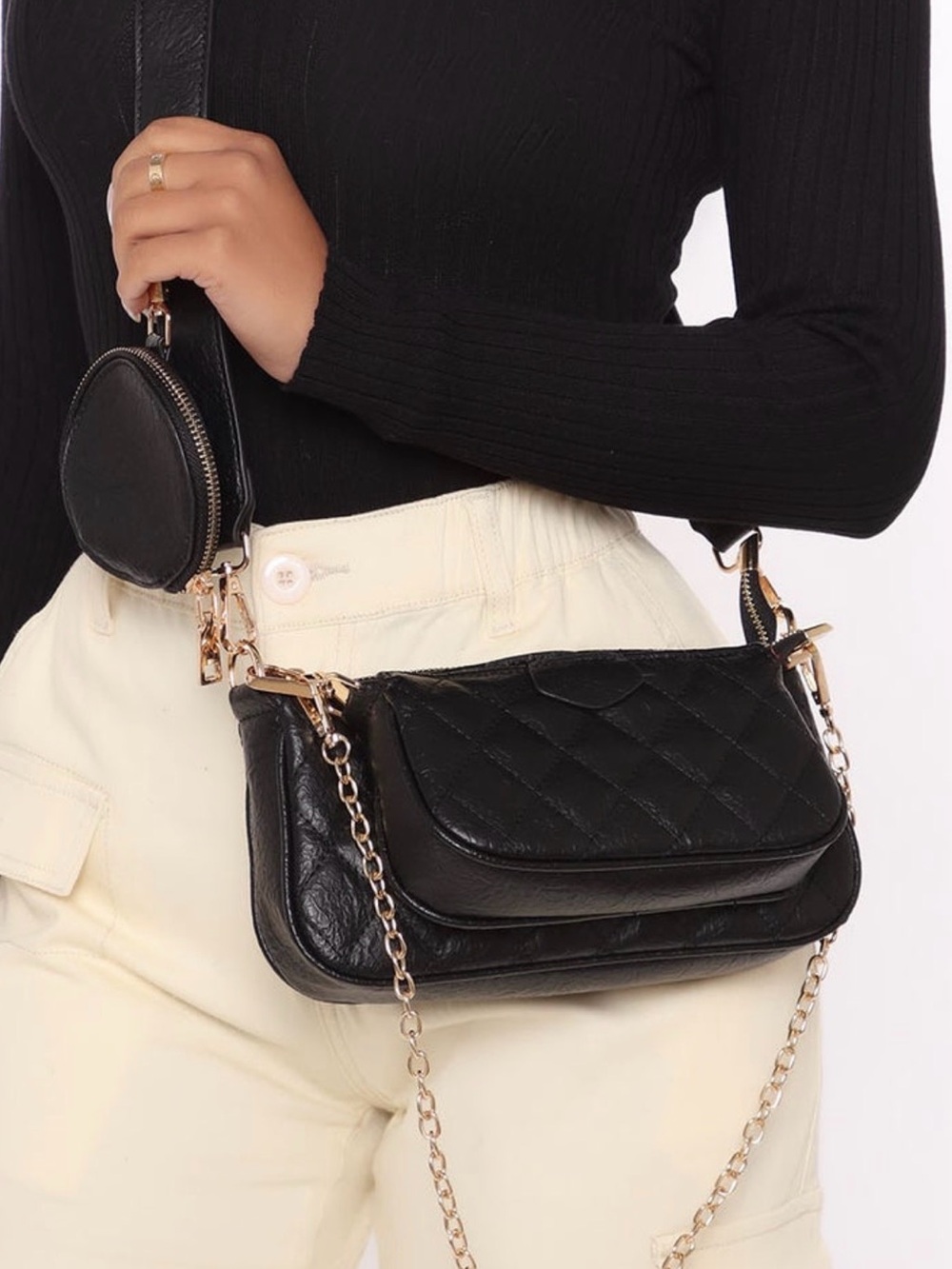 Black Quilted Chain Crossbody Bag with Coin Pouch
